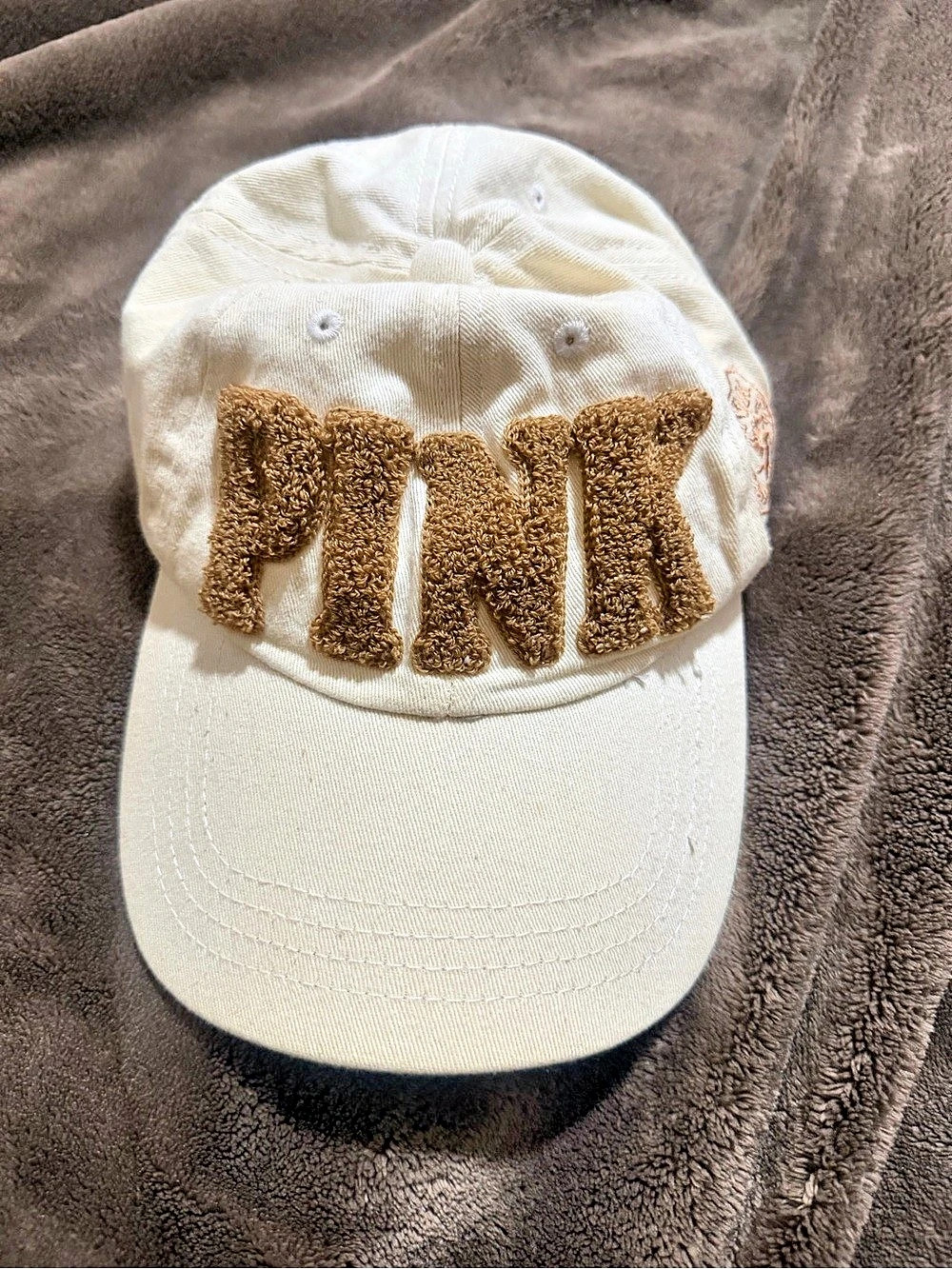 PINK Embroidered Logo Trucker Hat in Cream & Brown
